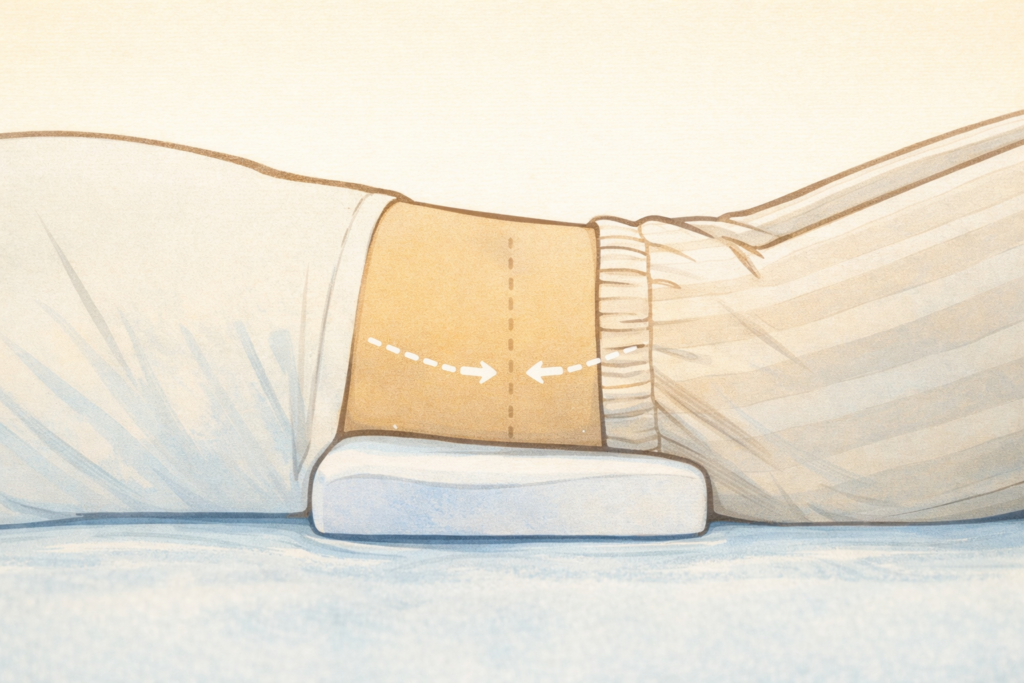 허리 통증 완화를 위해 허리의 가장 오목한 부분에 베개를 받치는 정확한 위치와 방법