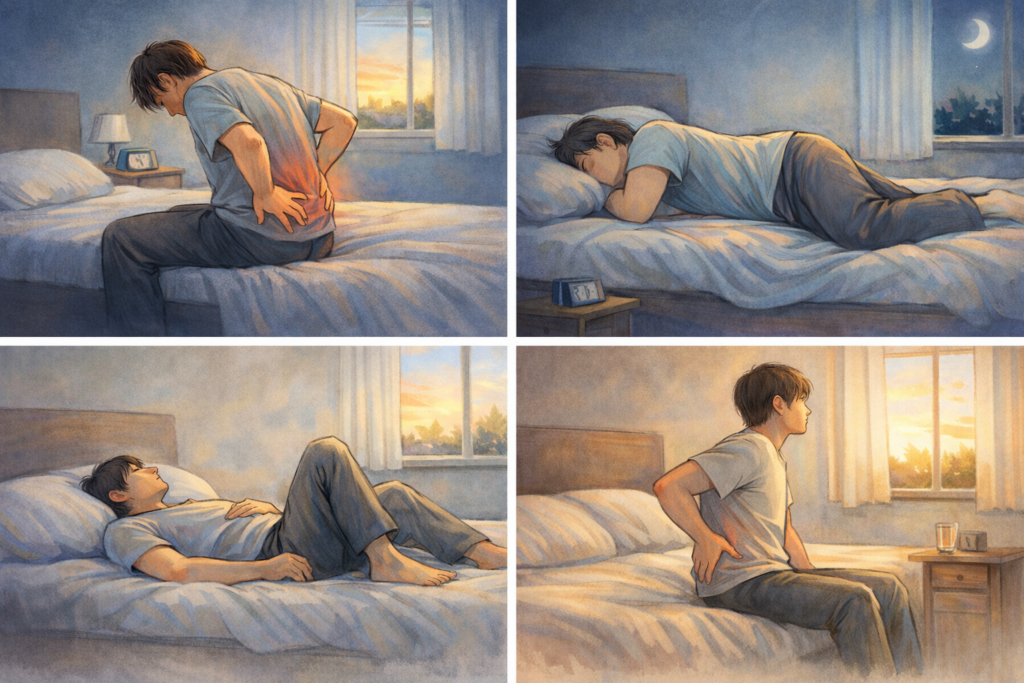 허리디스크로 수면 기상시, 아침에 허리통증을 겪어 힘들어하는 사람