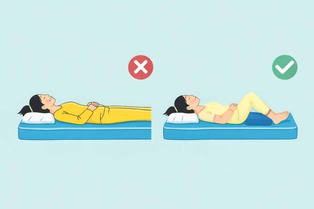무릎을 살짝 구부려세워, 무릎 베개를 사용함으로써 허리통증이 완화되는 올바른 수면자세