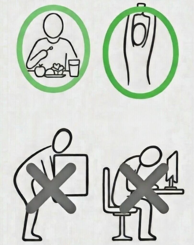 허리디스크 예방을 위한 일상생활 바른 자세와 나쁜 자세 비교: 올바른 식사 및 스트레칭 방법과 허리에 무리를 주는 물건 들기 및 구부정한 사무 자세 주의사항