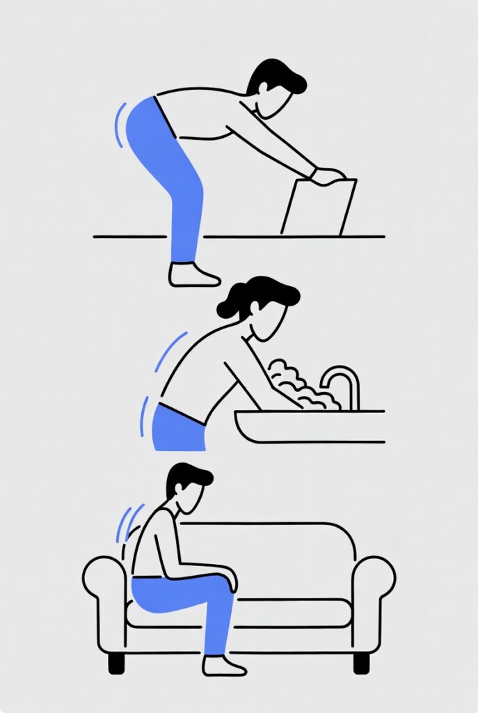 허리디스크 증상을 악화시키는 3가지 나쁜 습관: 허리 숙여 물건 들기, 구부정한 세수 자세, 소파에서 허리 굽혀 앉기