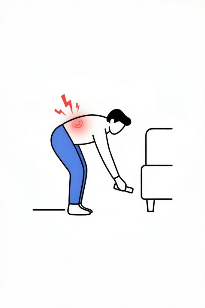 허리디스크 환자가 허리를 숙여 물건을 잡을 때 발생하는 급성 요통과 잘못된 자세로 인한 척추 기립근 손상 위험