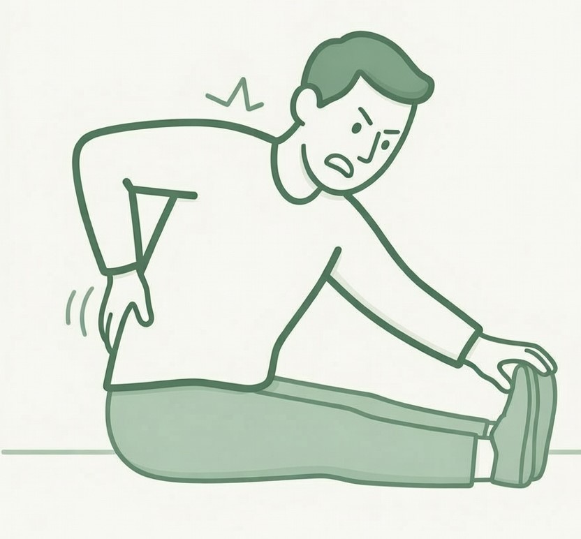 허리디스크 환자가 무리하게 허리를 굽히는 스트레칭을 할 때 발생하는 급성 허리 통증과 부상 위험