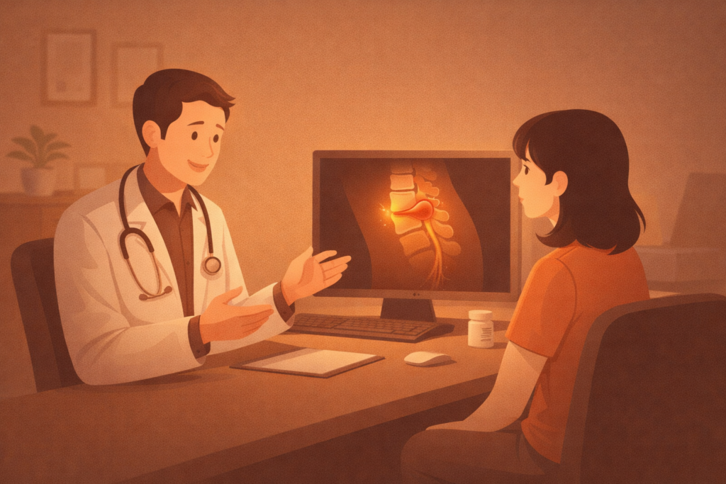 정형외과 및 신경외과 전문의와 허리디스크 진단 결과에 대해 상담하는 환자 모습: MRI 검사 판독을 기반으로 한 비수술 재활 치료 및 도수치료 계획 수립 과정과 정확한 통증 원인 분석