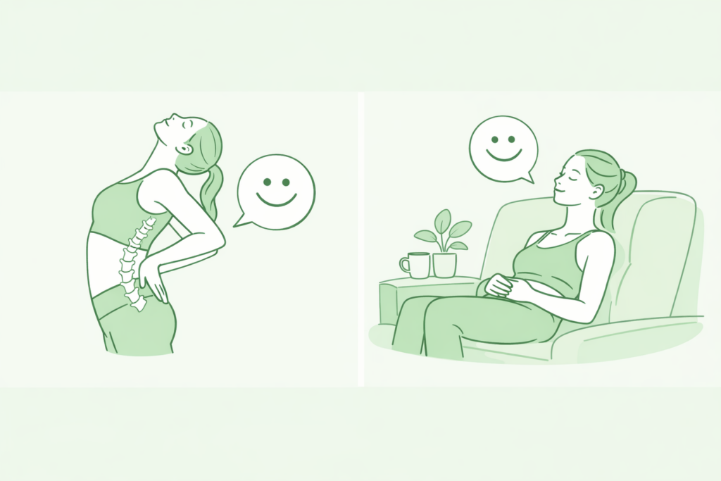 허리디스크 통증 완화를 위한 올바른 서서 허리 젖히기 자세와 소파에서 척추 부담을 줄이는 편안한 휴식 자세