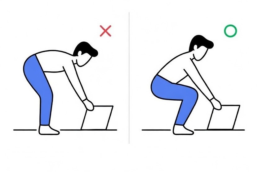 허리디스크 환자를 위한 물건 들기 자세 가이드: 허리를 숙이는 잘못된 자세(X)와 무릎을 굽히는 올바른 자세(O) 비교