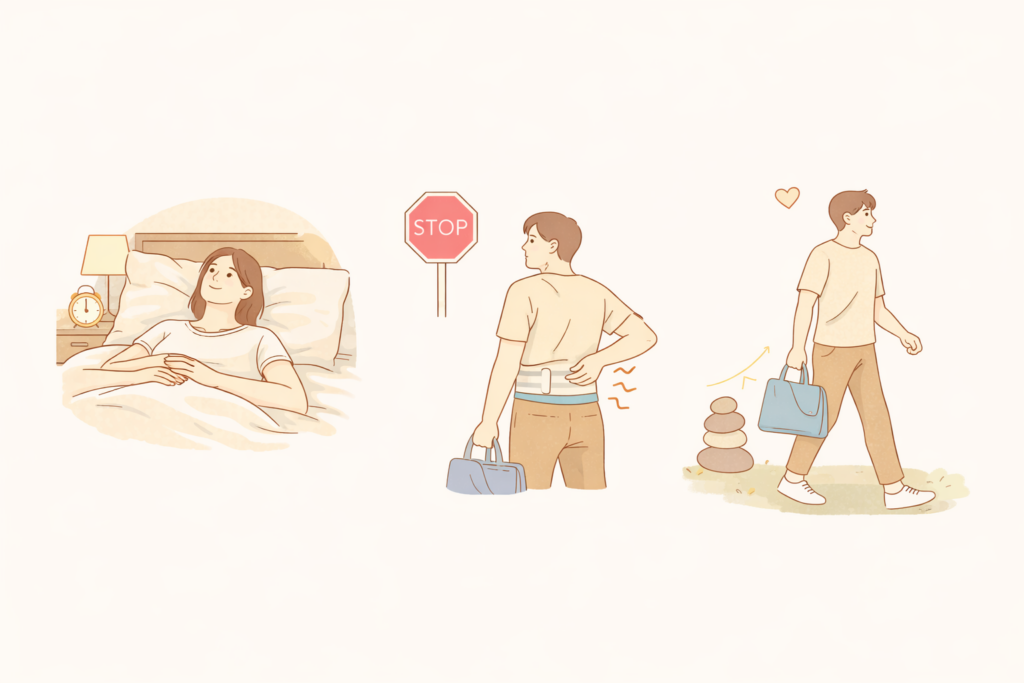 허리디스크 환자를 위한 일상 속 통증 관리 3단계: 올바른 수면 자세, 허리 보호대 착용, 그리고 통증 없는 바른 보행 방법