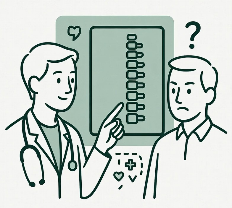전문의가 척추 엑스레이를 통해 환자에게 허리디스크의 원인과 치료 방법을 설명하는 진료 상담 장면