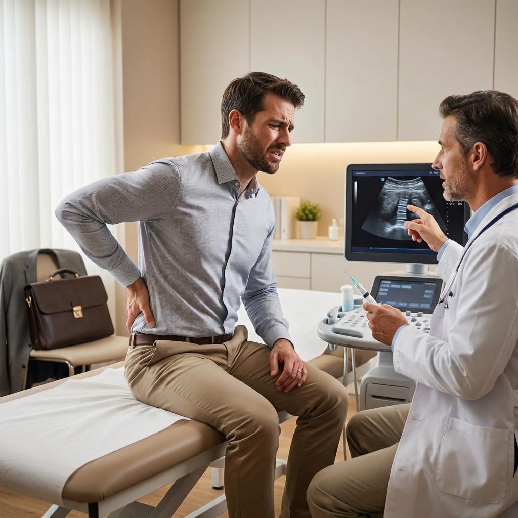 허리디스크 통증으로 병원을 방문한 환자가 경막외 스테로이드 주사(뼈주사) 상담을 받는 장면 – 요통과 좌골신경통 주사 치료 설명 이미지