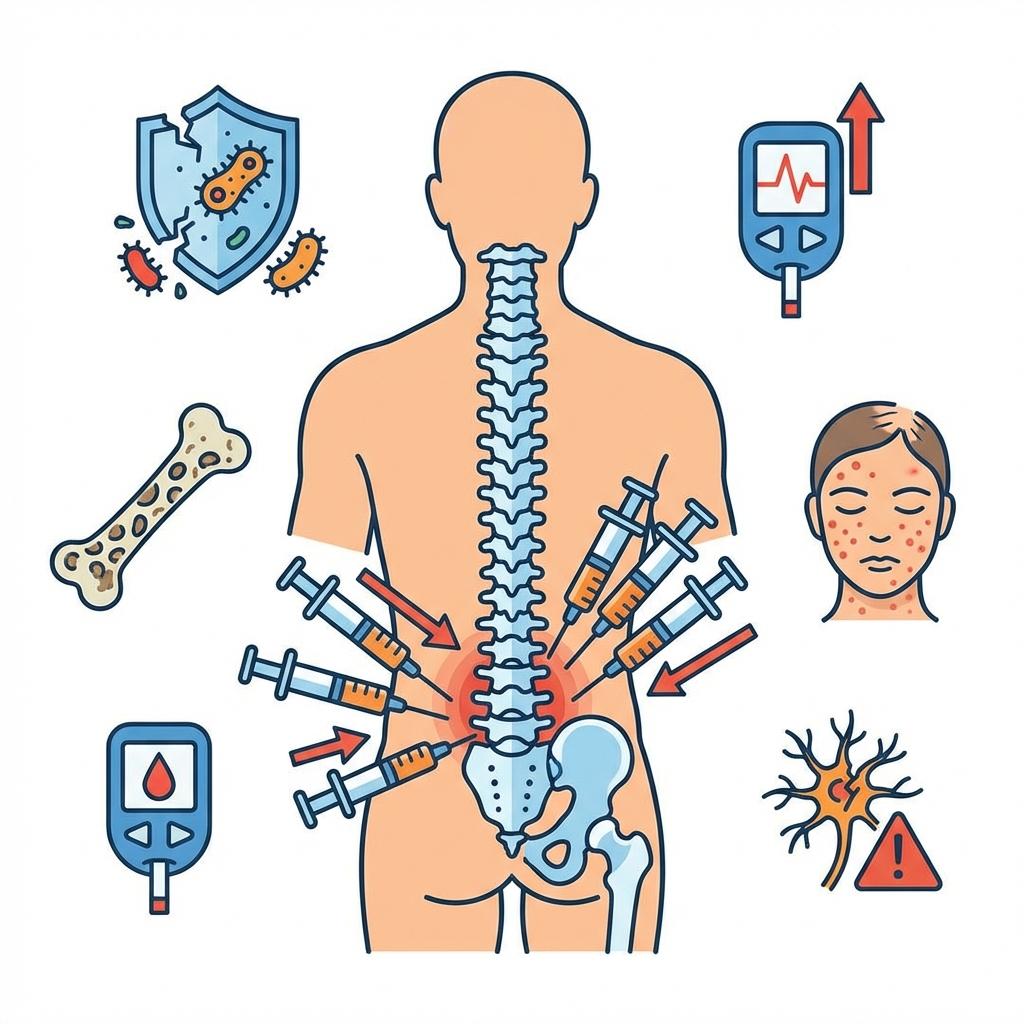 경막외 스테로이드 주사(뼈주사) 반복 투여 시 면역력 저하, 골다공증 위험, 혈당 상승 등 부작용을 설명하는 의료 일러스트