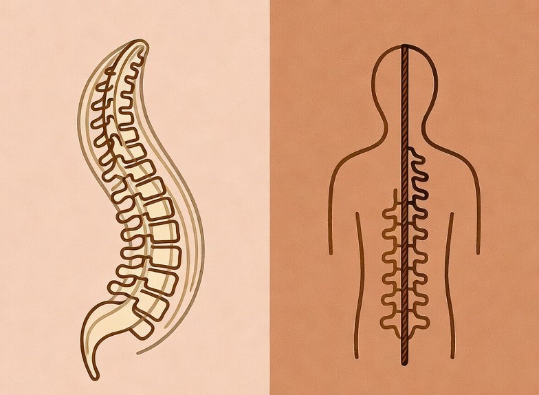정상적인 인체 척추 구조의 이해: 측면에서 본 건강한 S자 곡선과 후면에서 본 올바른 수직 중립 정렬 비교 도해