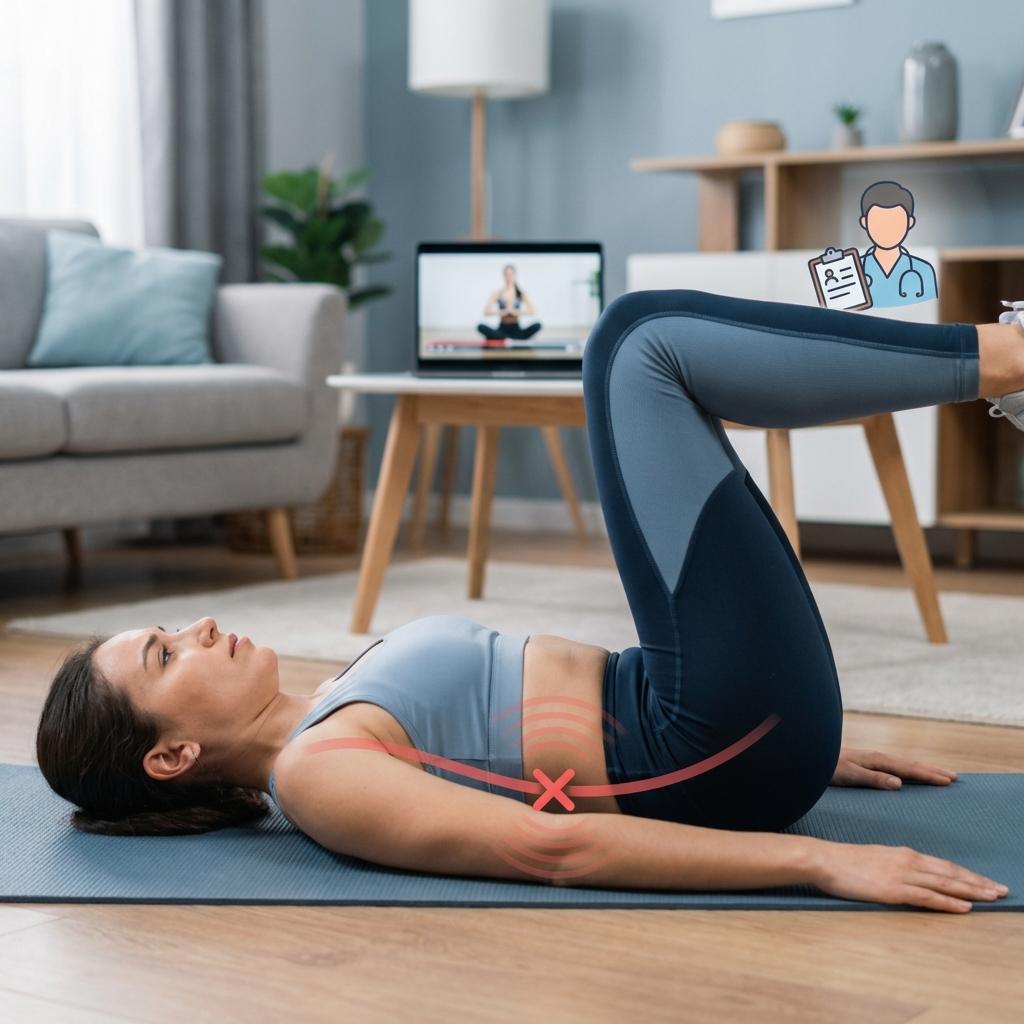 허리디스크 환자가 데드버그 코어 운동을 잘못된 자세로 따라 하며 허리 통증이 발생하는 모습