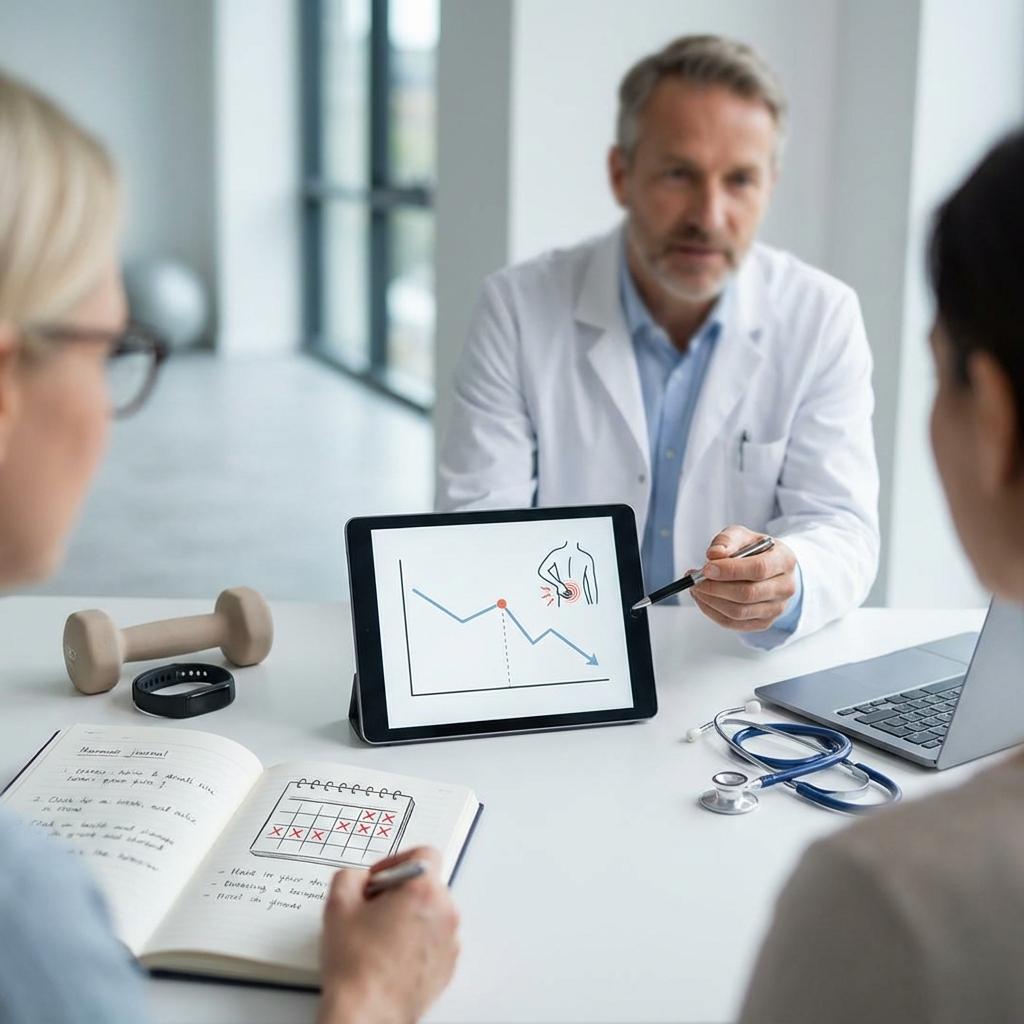 허리디스크 환자가 운동 후 통증 기록을 바탕으로 재활의학과에서 상담받는 모습