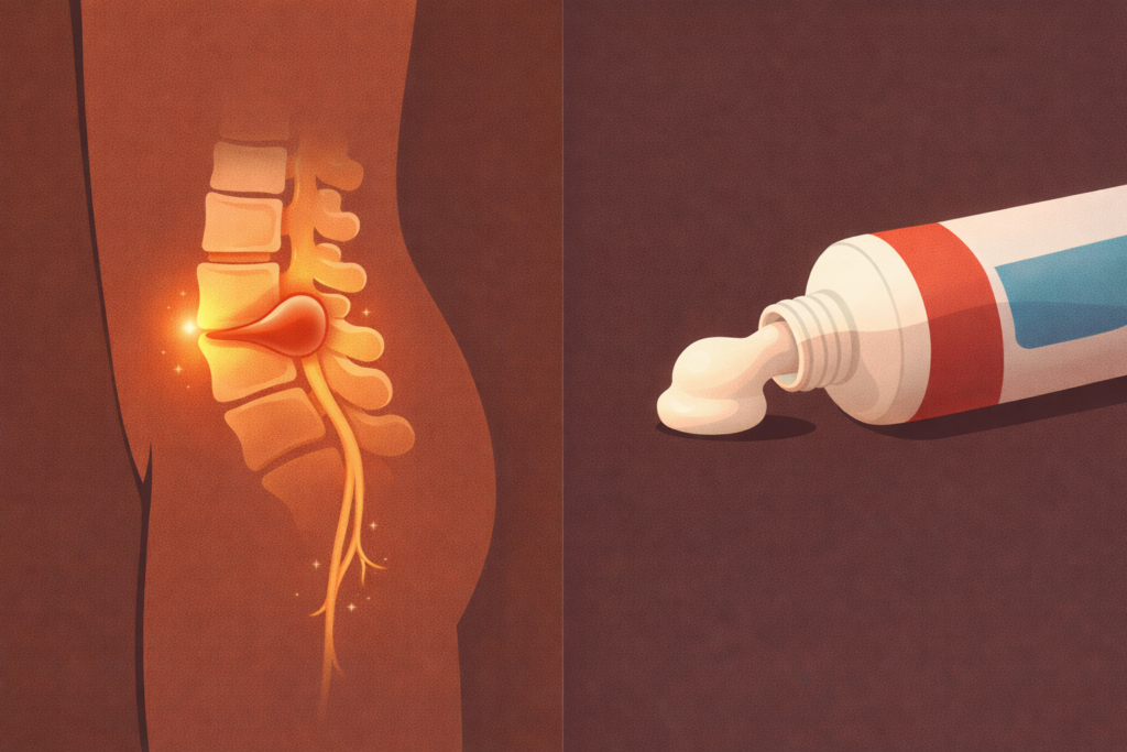 허리디스크(추간판 탈출증) 발생 원리 비유: 압력 받은 척추 디스크 내부의 수핵이 섬유륜을 뚫고 탈출하여 신경을 압박하는 과정을 치약 튜브에서 치약이 짜여 나오는 모습에 빗대어 직관적으로 설명한 시각 자료