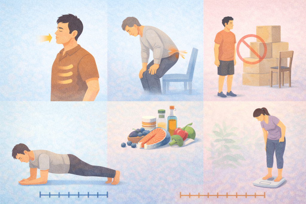 허리디스크 재발 방지를 위한 코어 운동과 체중 관리, 항염 식습관 이미지