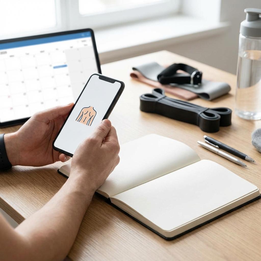 허리디스크 재활 운동 후 통증 변화를 스마트폰과 노트에 기록하는 모습