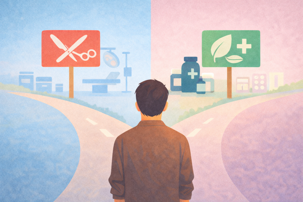 허리디스크 수술과 비수술 치료 선택을 고민하는 갈림길 이미지