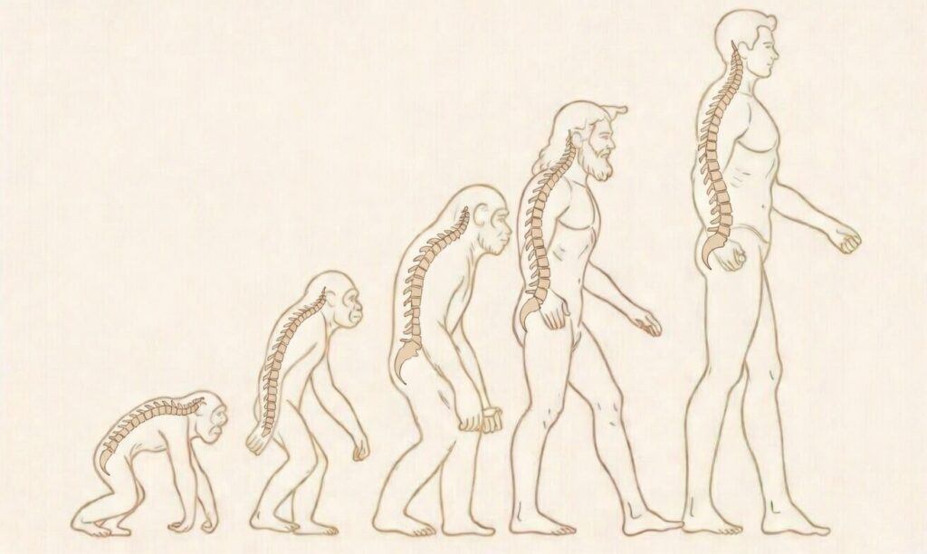 인류 진화 과정에 따른 척추 구조의 변화와 직립보행의 탄생: 유인원에서 현대인까지 척추 곡선(S자 라인) 형성과 허리디스크의 기원 설명 도해