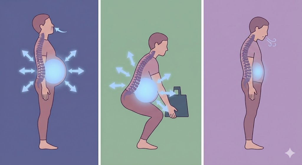 복압(IAP)을 활용한 척추 보호 원리와 코어 안정화: 올바른 호흡법이 요추에 가해지는 하중을 분산시키고 무거운 물건을 들거나 일상생활 시 척추 정렬을 지지하는 물리적 메커니즘