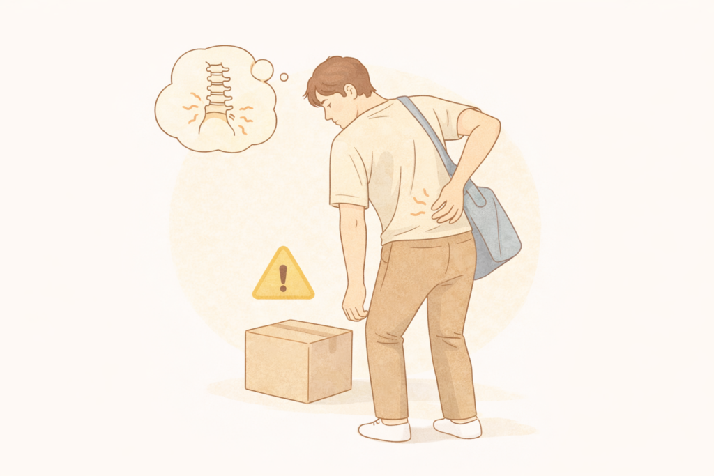 허리디스크 환자가 무거운 물건을 들 때 발생하는 허리 통증과 잘못된 자세로 인한 척추 압박 위험성