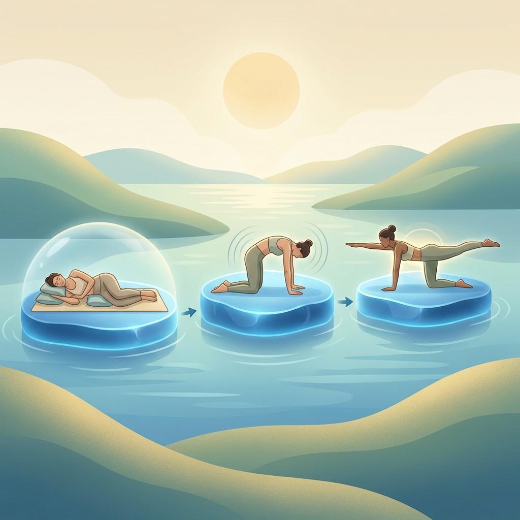 허리 통증과 좌골신경통 회복을 위한 3단계 재활 운동 전략 일러스트 – 급성기 안정, 아급성기 스트레칭, 회복기 코어 강화 운동 설명 이미지