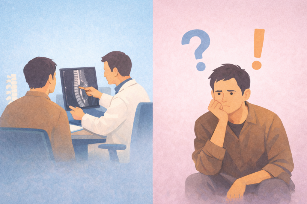 허리디스크 MRI 진단 후 수술과 비수술 치료를 고민하는 환자의 모습