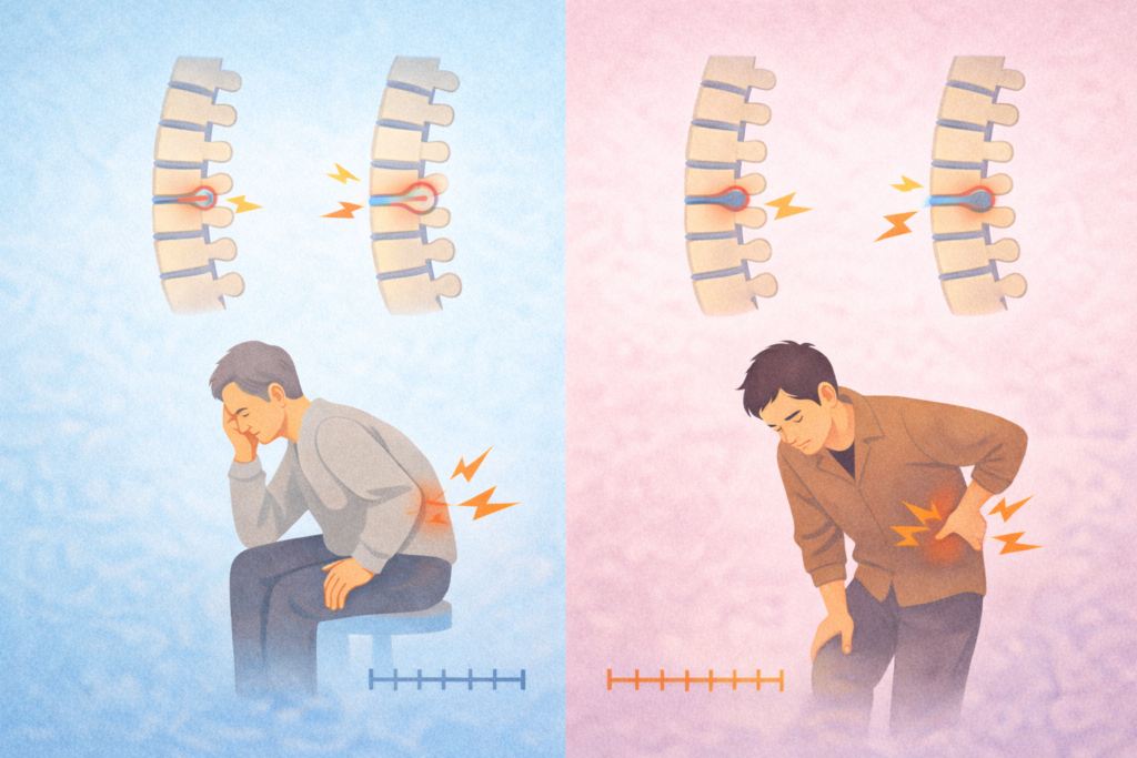 허리디스크 탈출 크기와 위치에 따른 통증 차이를 설명하는 이미지