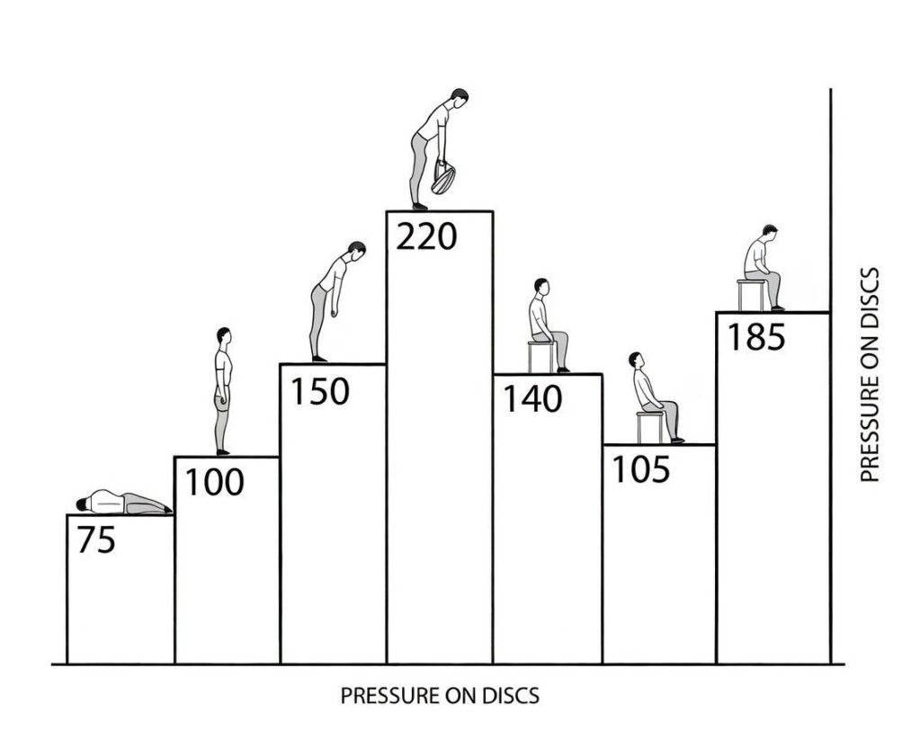 자세에 따른 허리 디스크 압력 변화 수치 그래프: 허리디스크 환자가 피해야 할 하중이 높은 자세와 척추 중립 유지를 위한 과학적 근거 자료