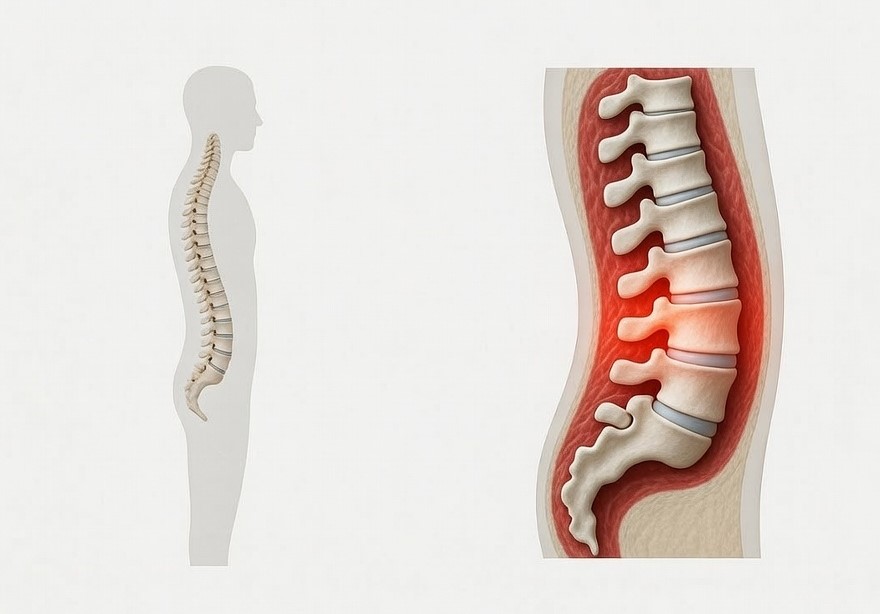 정상적인 척추 정렬 상태와 요추 허리디스크 발생 원인: 척추 뼈 사이의 추간판이 돌출되어 신경을 압박하고 통증 및 염증을 유발하는 구조적 메커니즘 설명