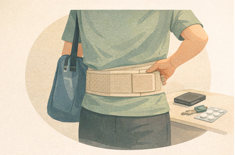 허리디스크 환자의 척추 보호를 위한 의료용 허리 보조기 착용 모습: 급성 요통 완화와 바른 자세 유지를 위한 복대 사용법