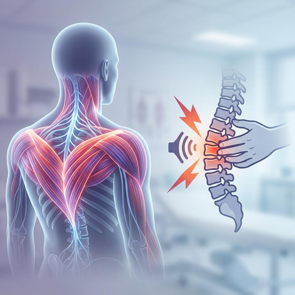 척추 신경 압박으로 인해 근육이 수축하는 근육 부목 현상(Muscle Splinting) 일러스트 – 허리디스크와 신경 눌림으로 인한 통증 및 염증 설명 이미지