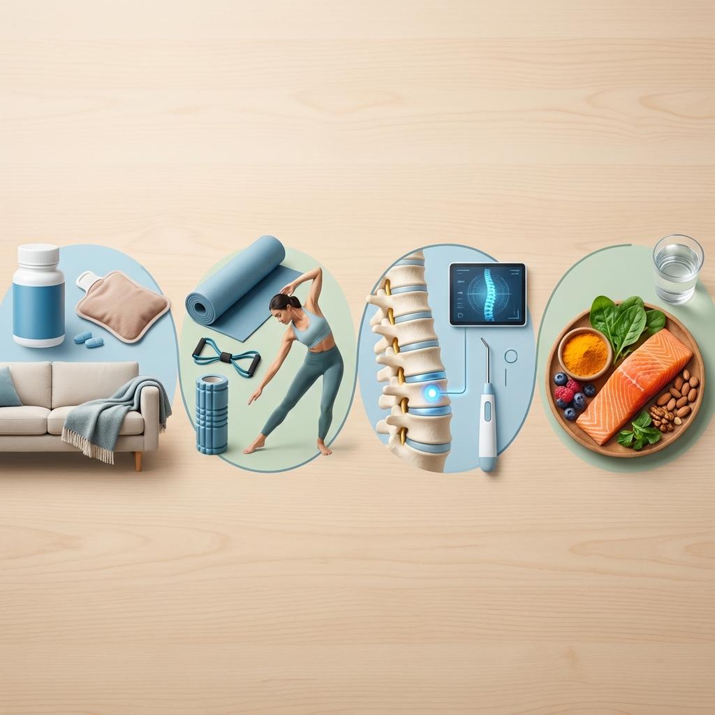 허리디스크 비수술 치료 대안 이미지 – 보존적 치료, 물리치료·코어 운동, 내시경 디스크 시술, 항염 식단을 설명하는 요통 관리 일러스트