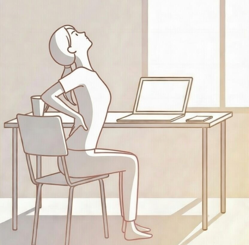 사무실 의자에 앉아 허리디스크 통증을 완화하는 맥켄지 신전 운동 자세: 장시간 업무 중 척추 기립근 긴장을 풀어주는 직장인 스트레칭 방법