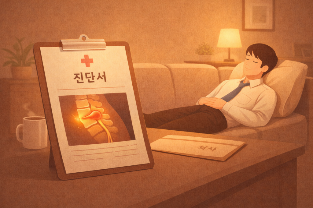 허리디스크 진단서 제출 후 집에서 병가 휴식 중인 직장인: 요추 통증 완화 및 척추 건강 회복을 위한 홈 케어 안정 자세와 직장인 허리 질환 재발 방지를 위한 휴식의 중요성