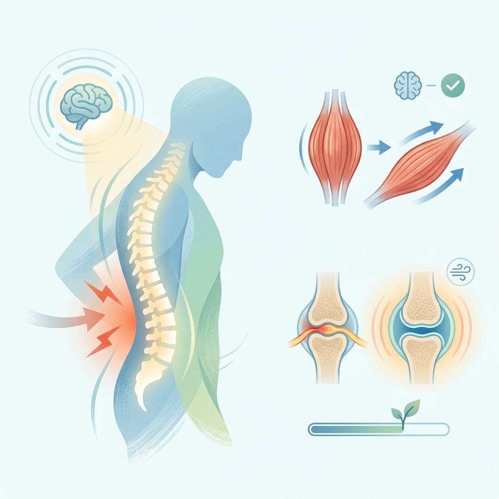 허리 신경 압박을 줄이는 회피 움직임과 근육 이완 과정을 설명하는 일러스트 – 요통 완화와 염증 감소, 신경 안정 메커니즘 이미지