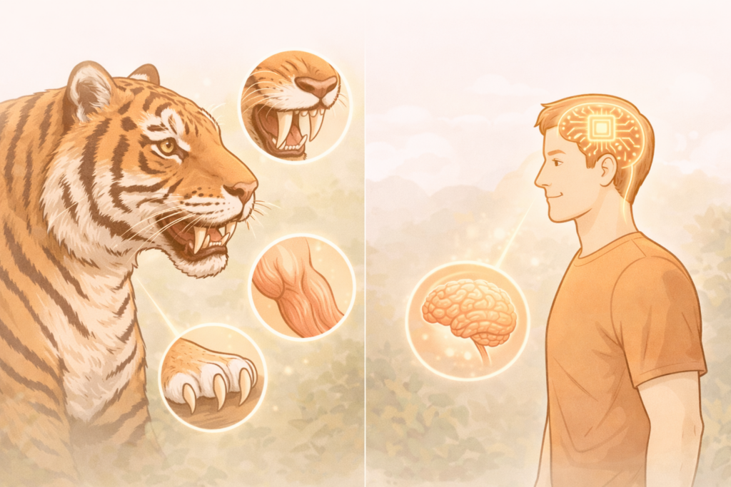 맹수의 신체적 본능과 현대인의 지능 진화 비교: 강인한 근골격계를 가진 호랑이와 뇌·AI 기술 중심의 현대인 대비를 통한 신체 활동 및 척추 건강 관리의 필요성 강조