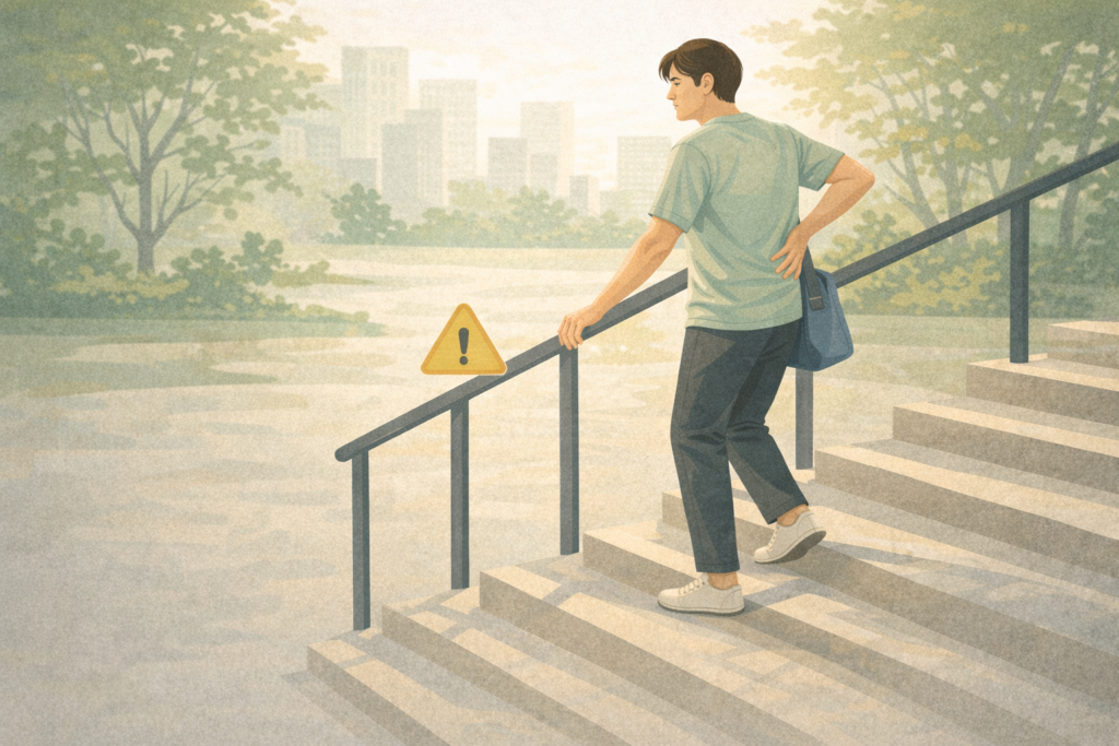 허리디스크 환자가 계단을 오를 때 느끼는 허리 통증과 안전한 계단 이용을 위한 난간 지지 및 척추 보호 자세의 중요성
