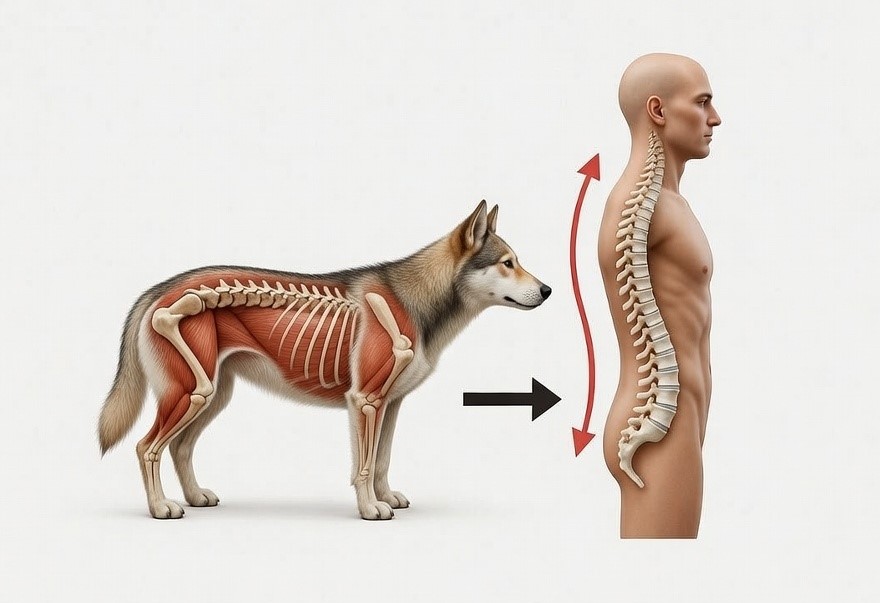 사족보행 동물과 인류의 직립보행 척추 하중 비교: 직립보행으로 인한 요추 압력 증가가 척추 정렬 및 허리디스크에 미치는 물리적 영향 분석 