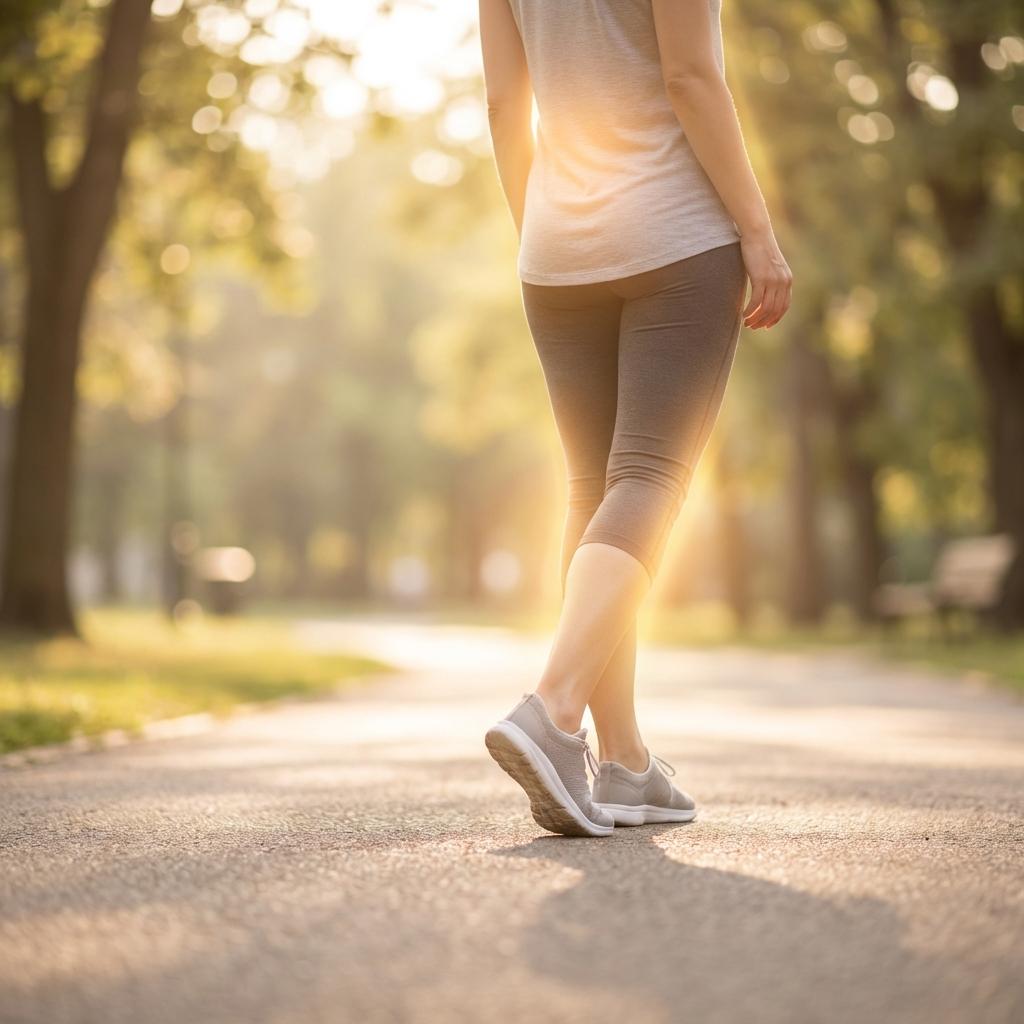 좌골신경통으로 인해 보상보행을 하는 여성의 뒷모습, 햇살 아래 공원에서 걷기 운동을 하는 모습 – 허리 통증과 비뚤어진 걸음 교정 관련 이미지