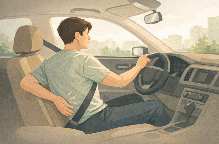 장거리 운전 전 허리디스크 통증 수치를 스스로 확인하고 오늘 일정의 운전 가능 여부를 판단하기 위한 허리 컨디션 자가 점검 자세