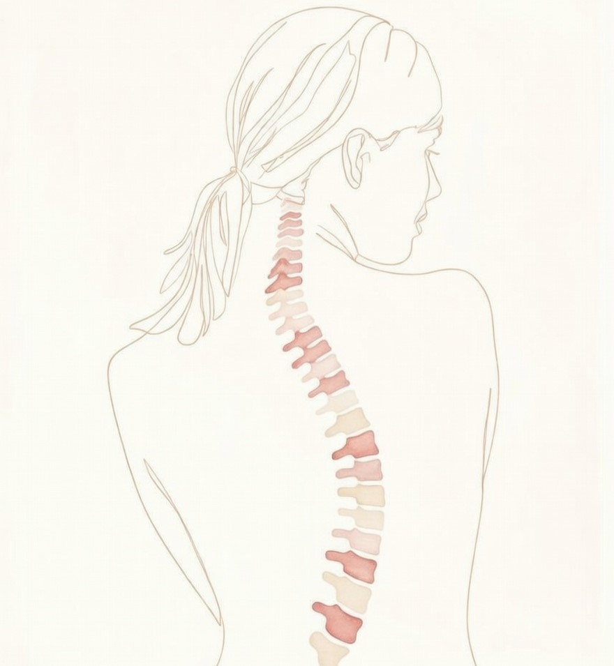 척추 건강과 바른 자세의 중요성을 보여주는 여성의 S자형 척추 라인 및 체형 교정 일러스트