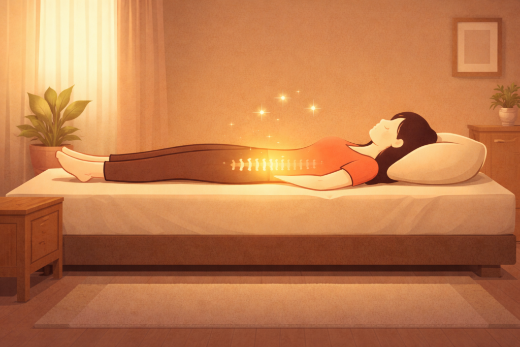 누워 있는 것만으로도 가능한 허리디스크 자연 치유와 척추 회복 원리: 수평 수면 자세를 통해 척추에 가해지는 중력을 제거하고 디스크 내부 압력을 최소화하여 아침 통증을 줄여주는 수면 재활 시각 가이드