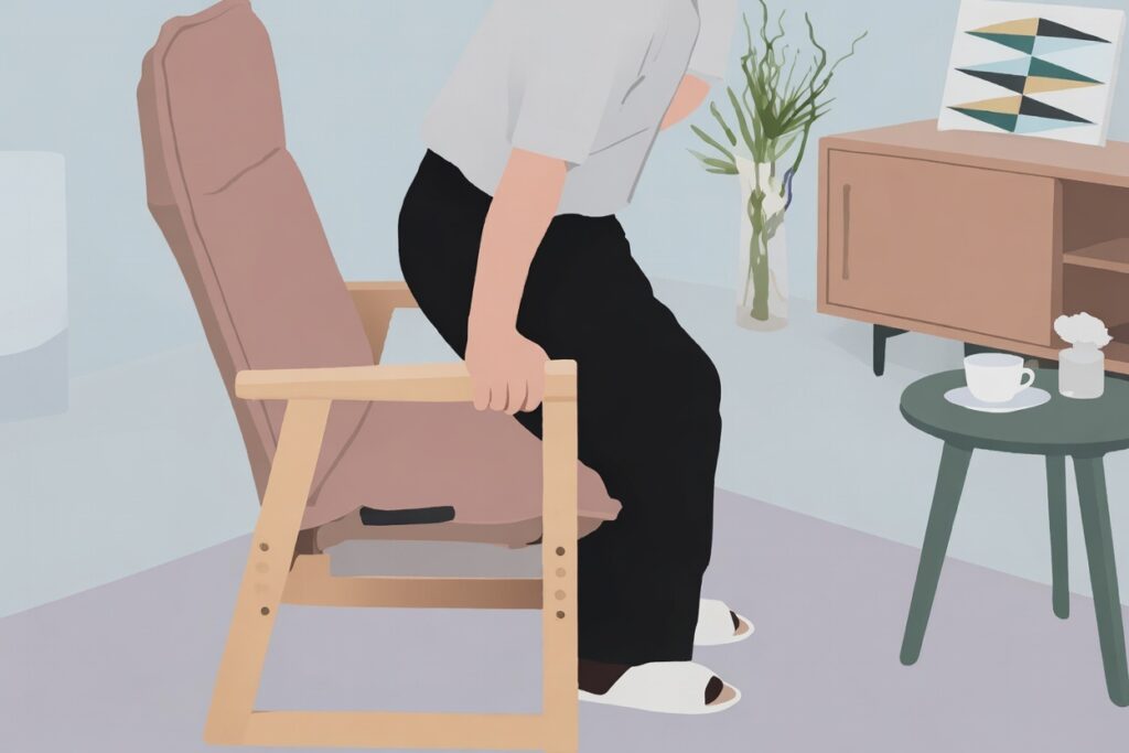 허리디스크 통증 완화를 위한 올바른 기립 자세: 의자 팔걸이를 양손으로 지지하여 척추 압력을 분산시키고 안전하게 일어나는 방법