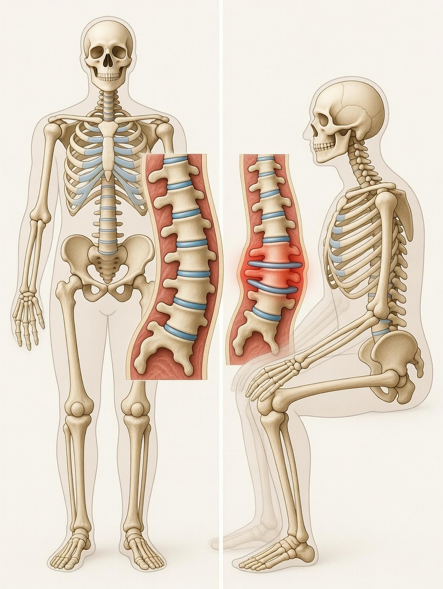서 있을 때와 앉아 있을 때의 척추 골격 구조 및 요추 압력 비교: 장시간 앉아 있는 자세가 허리디스크(추간판)에 가하는 수직 하중과 척추 정렬 변화 분석 시각 자료