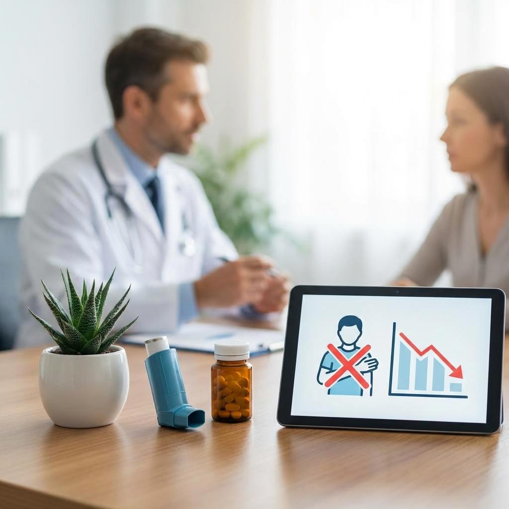 알레르기 체질 환자가 스테로이드 치료 전 의사 상담을 받는 장면 – 면역 억제 부작용과 rebound 현상 주의 안내 이미지