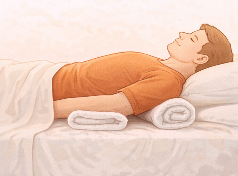 수건을 활용한 허리 통증 완화와 요추 지지법: 수면 중 허리와 바닥 사이의 빈 공간을 수건으로 메워 척추 하중을 분산하고 골반 정렬을 돕는 올바른 수면 자세 가이드