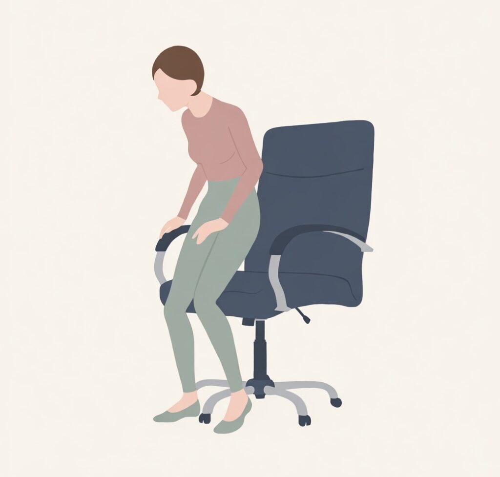 허리디스크 환자가 의자에서 앉고 일어날 때 손으로 팔걸이를 짚어 척추 압력을 분산시키는 올바른 자세