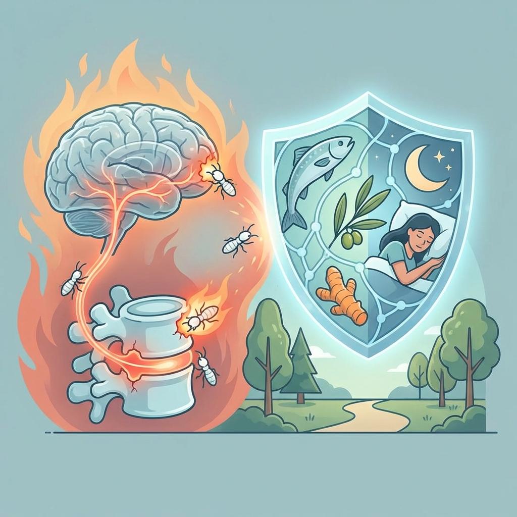 만성 염증이 뇌와 척추를 손상시키는 과정과 항염 식단 및 수면으로 뇌 건강을 보호하는 원리를 설명하는 이미지