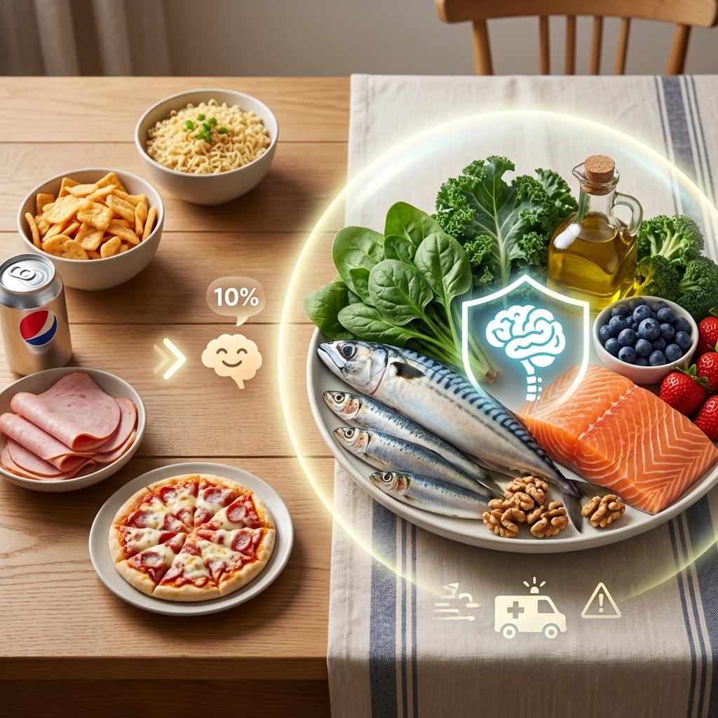 초가공식품 줄이고 항염 식단으로 바꾸는 방법, 오메가3 생선 채소 견과류 중심 뇌 건강 식단 비교 이미지