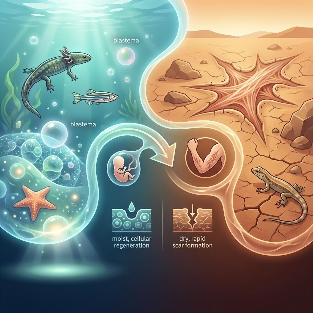 수생 환경에서는 재생이 가능하지만 육상의 건조한 환경에서는 흉터로 치유되는 차이를 보여주는 이미지, 블라스테마 형성과 상처 치유 비교